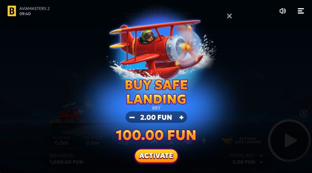 Tela de compra do modo Safe Landing no AviaMasters 2: ative o pouso seguro por 100 FUN com aposta base de 2,00 FUN